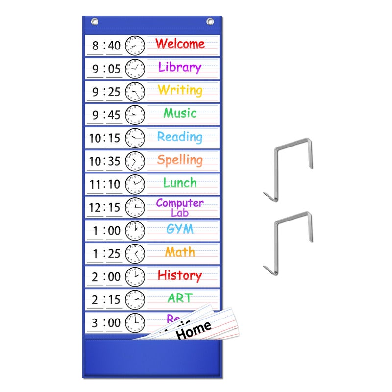 Eamay Daily Schedule Pocket Charts, Teacher Schedule Chart with Resuable 18 Custom Cards, Classroom Pocket Chart for School Office or Homeschool Activities, Blue - Image 1